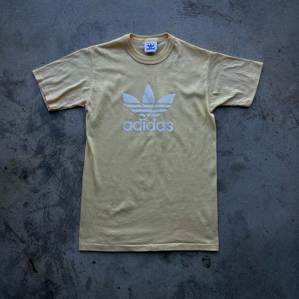 Vintage 70s 80s Adidas Trefoil Tee Yellow Made USA Size S